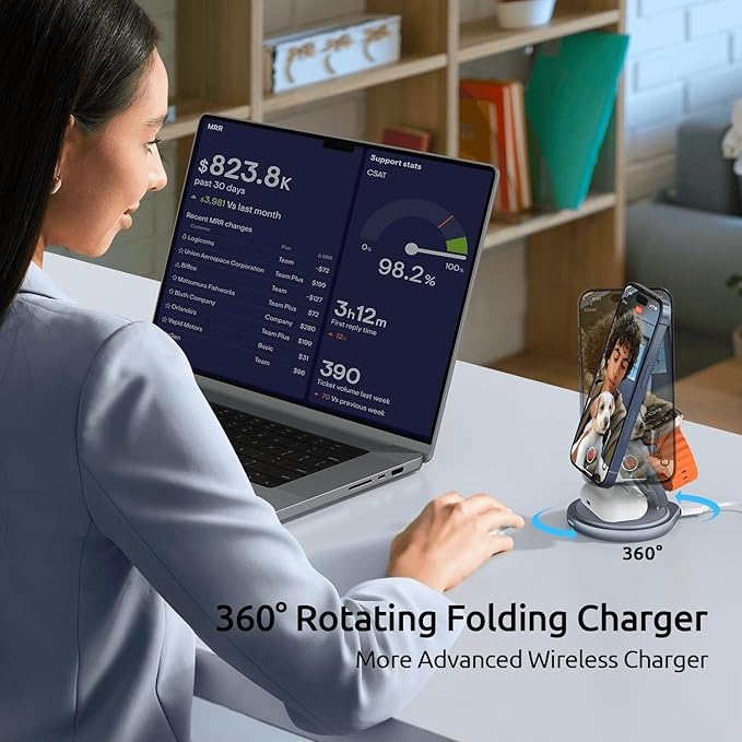 3 in 1 Wireless Charging Station for Apple Travel Charger for Multiple Devices Aluminum Alloy Foldable Magnetic Magsafe Charger 360 Rotating for iPhone 17/16/15/14/13/12 Series,for iWatch,for Airpods