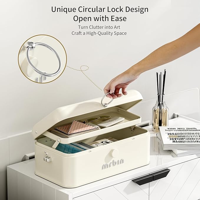 MRBIN Metal 2-Tier Medicine Container Folding Waterproof Safe Boxes and Supply Storage Organizer Empty First Aid Kit for Home Portable Emergency Kit, Cream White