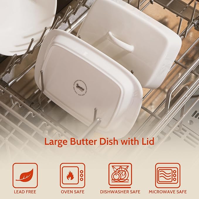 Sweese Large Butter Dish with Lid for Countertop, Porcelain 8oz Butter Keeper with Handle Cover Design, 7.7 Inch Butter Container Perfect for East/West Coast Butter, White