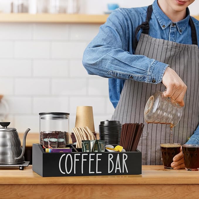 ALELION Coffee Station Organizer for Countertop - 7 Compartments Coffee Bar Accessories and Organizer with Removable Dividers - Black Coffee and Tea Condiment Organizer