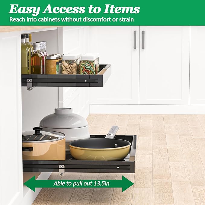 REALINN 2 Tier Pull Out Cabinet Organizer, 21 inch Depth Slide Out Shelves, Expandable 14"-22.5" Wide Heavy-Duty Cabinet Drawers for Kitchen Pots, Pans & Pantry Storage, Black