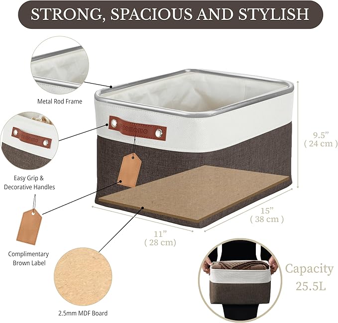 DECOMOMO Storage Baskets for Shelves - Fabric Storage Bins, Linen Closet Organizers and Storage (Brown & White, Large - 4 Pack)