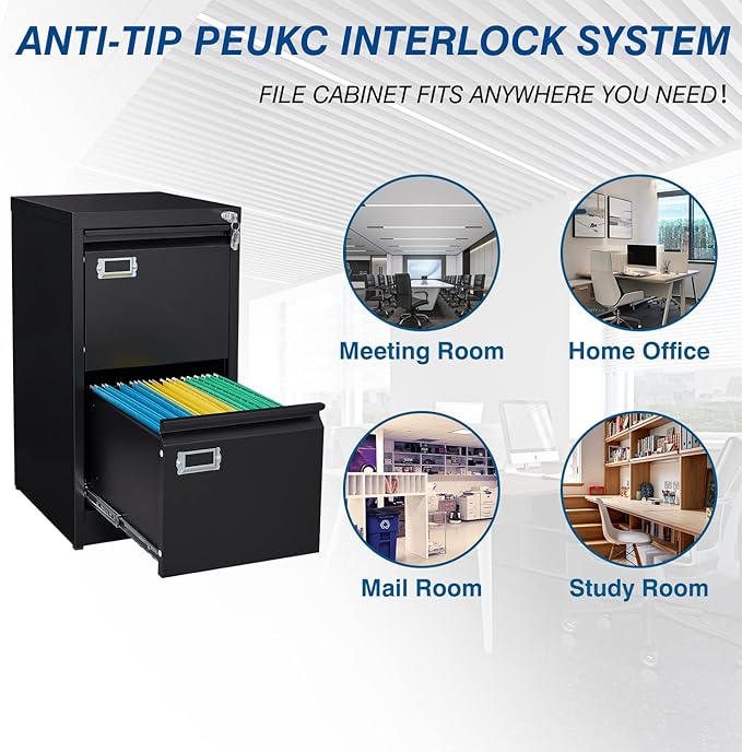2-Drawer File Cabinet, 16.3" Deep Vertical Metal Filing Cabinet with Lock for Home Office, Anti-Tip 2 Storage Drawers for Letter/Legal/A4/F4 Size (Assemble Required, Black)