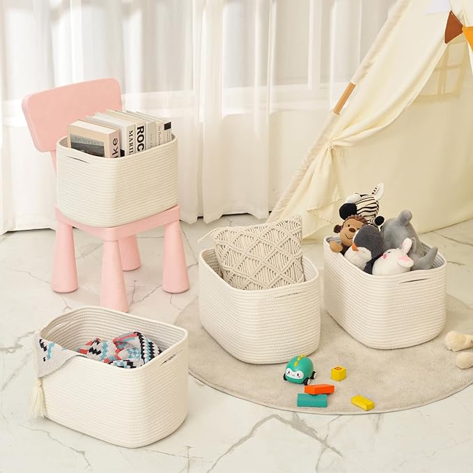 Storage Baskets for Organizing & Shelves, Woven Cotton Rope Organization Bins for Dog Toys, Clothes, Books, Nursery Organizer, 15" Lx11''Wx9.5''H, (4 Packs) Off White