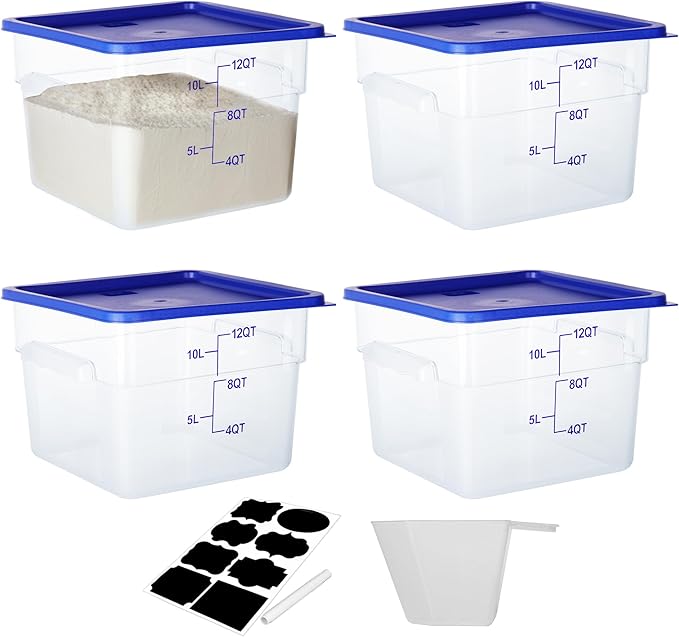 4 Pack Food Storage Containers, 12 Quart with Lids, Square Commercial Containers with Scale, NSF, Polycarbonate, Clear