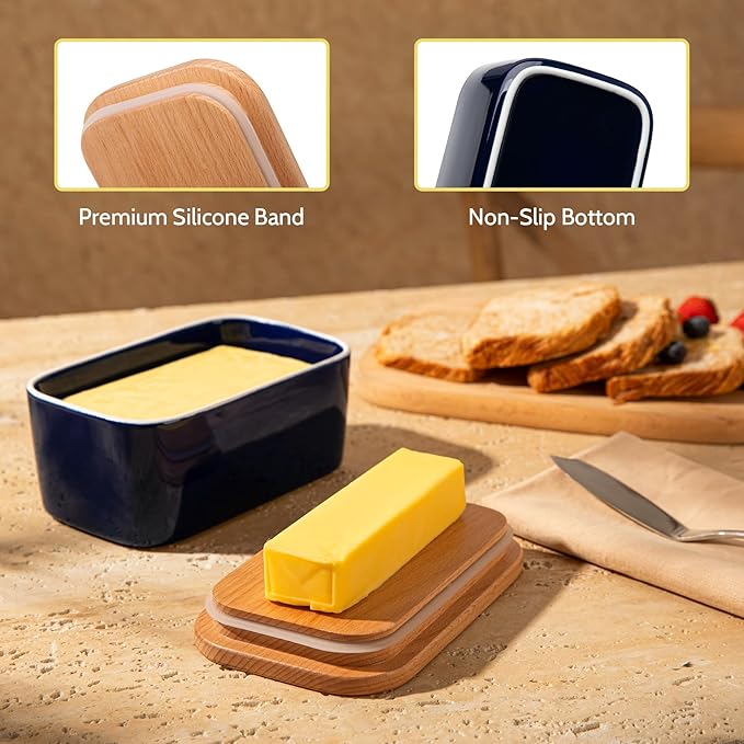 Sweese Large Butter Dish with Lid for Countertop, Airtight Butter Keeper Holds Up to 2 Sticks of Butter, Porcelain Butter Container for Kitchen Decor and Accessories for Kitchen Gift, Navy