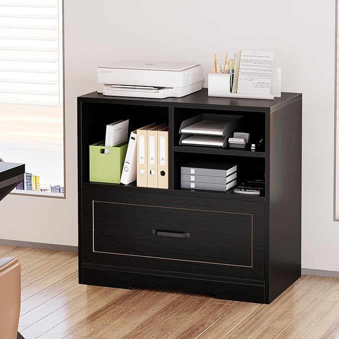 LVB Lateral Filing Cabinet with Drawer, Black Wood File Cabinet Printer Stand with Storage Shelves for Home Office, Modern Printer Cabinets Fits A4 Letter Legal Size with Hanging Folder, 32.7 Inch