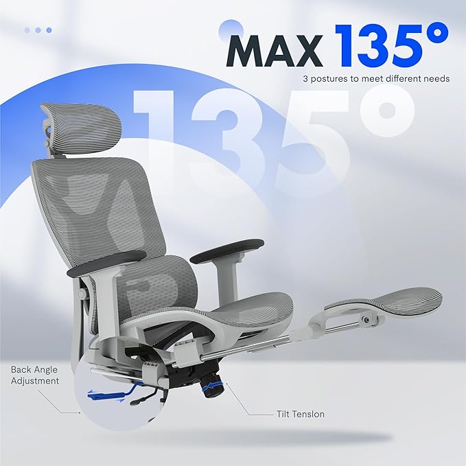 FLEXISPOT ErgoX Premium Ergonomic Office Chair with Footrest- Adjustable 3D Armrests, Dynamic Lumbar Support, Recline & Tilt Function, Mesh Seat, for Home & Office Use,Light Grey