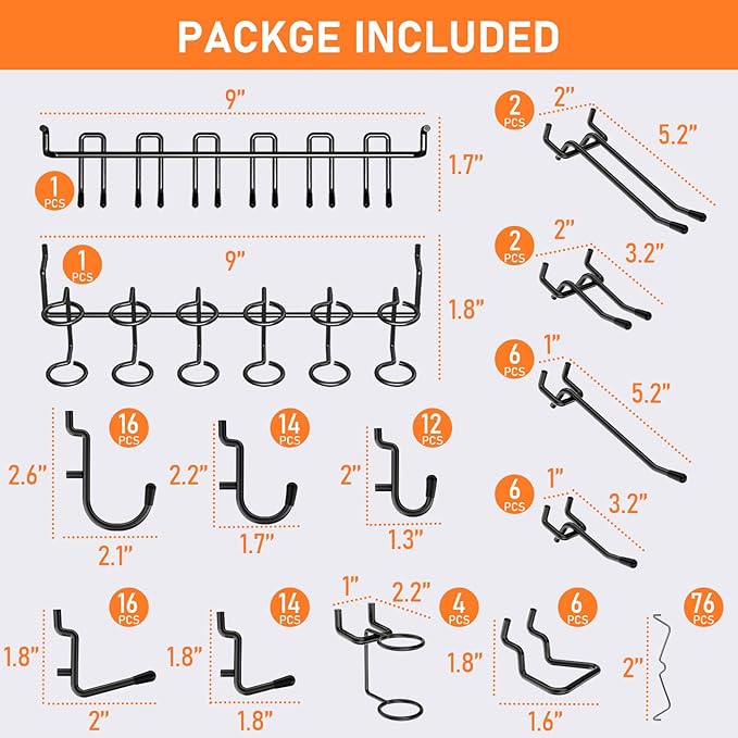 INCLY 176PCS Extra Thick Pegboard Hooks, 1/4" Heavy Duty Black Metal Peg Board Hooks Assortment with Peg Locks Pegboard Accessories Kit for Garage Wall Organizer Hanging Tools