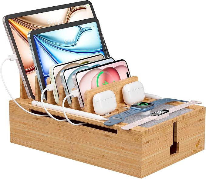 Pezin & Hulin Bamboo Charging Station, Electronic Devices Organizer for Multiple Devices Charger Such As Cell Phone, Tablet, Watch and More, Natural, (No USB Charger and Cables)