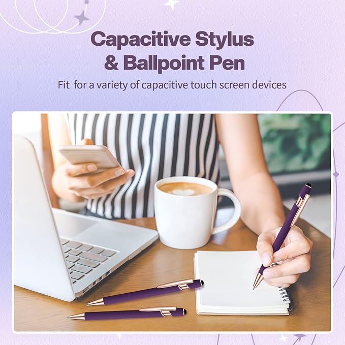 8 Pieces Ballpoint Pen with Stylus Tip Black Ink 2 in 1 Stylus Metal 1.0 mm Medium Point Smooth Pen Rainbow Colorful Rubberized Ballpoint for Touch Screen Tablet(Purple)