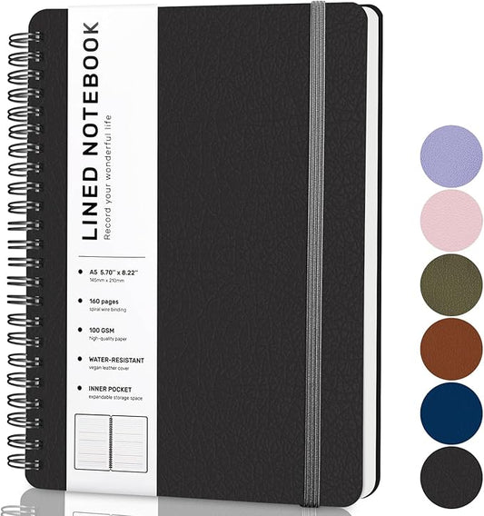 Lined Spiral Journal Notebook, A4 Hardcover Leather Notebook for Work, 8.5''×11'', 100GSM Thick Paper Spiral Bound Journaling Notebooks for Women & Men Office School Note Taking Business, Black