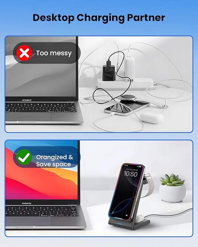 3 in 1 Wireless Charging Station, Foldable Magnetic Wireless Charger Stand for Multiple Devices, Wireless Charger for iPhone 16/15/14/13/12, Apple Watch 9/8/7/6/SE/5/4/3/2, AirPods 3/2/Pro