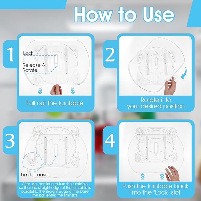 Lazy Susan Turntable for Refrigerator, 15"x11" Rotating Spice Rack Organizer 360°Clear PET Organizer Storage Tray Cabinet, Pantry Countertop with Suction Cups Large Rectangular Fridge Shelf