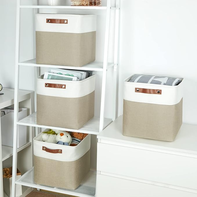 Temary Fabric Storage Baskets 12x12 Cube Bins 4 Pack Cloth Baskets for Shelf, Storage Cubes Bins Gift Empty (White&Khaki)