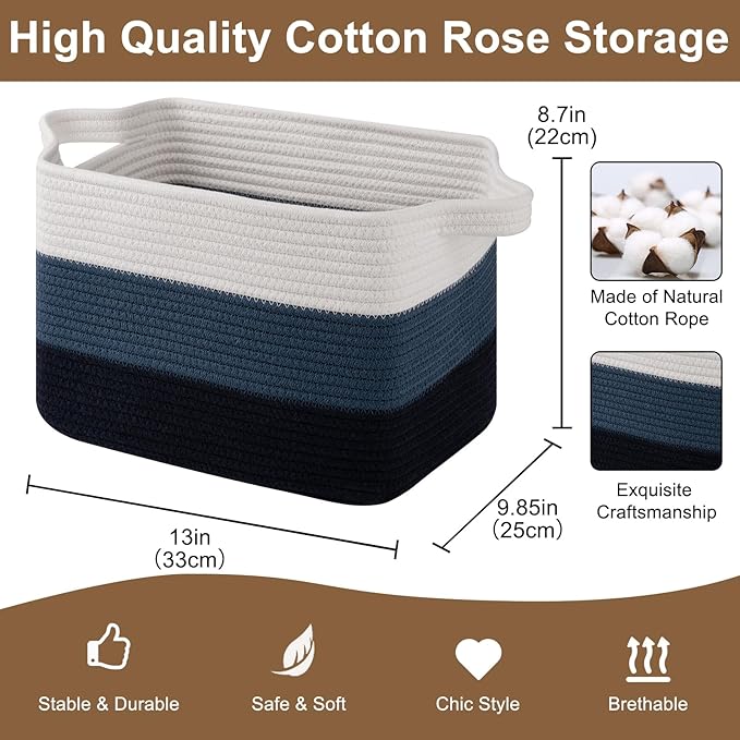 Storage Basket for Organizing, Woven Baskets for Storage, Rectangle Decorative Baskets for Shleves, Closet, Toys, Books, Nursery Organizer Bins - Pack of 3 (Gradient Blue, 13"x9.85"x8.7")