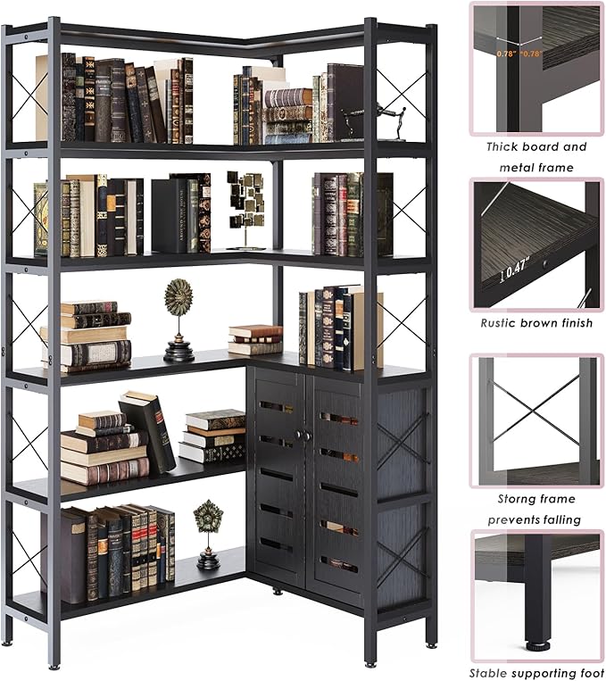 6-Shelf Corner Bookshelf, Vintage Industrial Corner Shelf Etagere Bookcase, Large Book Shelf with Metal Frame Open Storage Corner Cabinet (Black-Lockers)