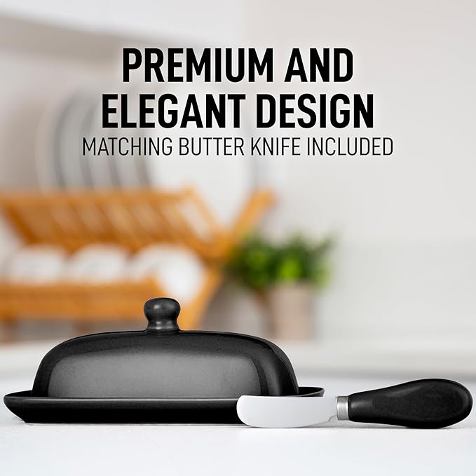Zulay Kitchen Butter Dish With Lid For Countertop - Porcelain White, Ceramic Butter Dish with Knob Handle Great for Cooking - Elegant Design Butter Holder - Durable & Sturdy Butter Keeper - Black