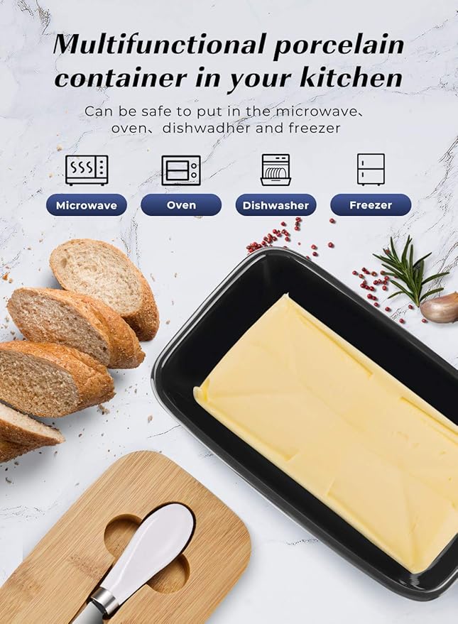 Butter Dish with Lid: Large Butter Container for Countertop - Ceramic Butter Holder for Counter - Butter Tray Butter Keeper with Knife and Sponge Scrubber - Perfect for 2 Sticks of Butter Black