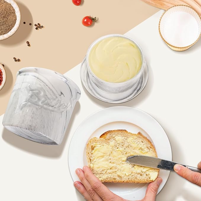 Butter Crock for Counter with Water, French Butter Keeper for Spreadable Butter Marble Ceramic Butter Dish with Lid for Countertop, Butter Container Holder