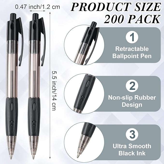 Nuanchu 200 Pcs Retractable Ballpoint Pen Medium Point 1.0mm Black Gel Pens Long Lasting Writing Pens for Office University College School Everyday Use