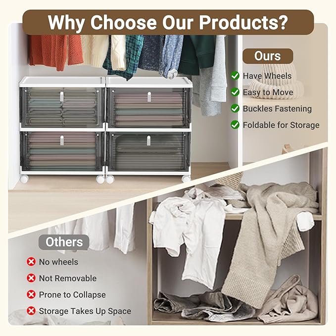 Storage Bins with Lids,4 Tier Stackable Storage Bins with Drawers,4 Pack Collapsible Plastic Boxes with Wheel-1 Lid,23QT Foldable Containers for Closet Living Room Bedroom Office(Grey)