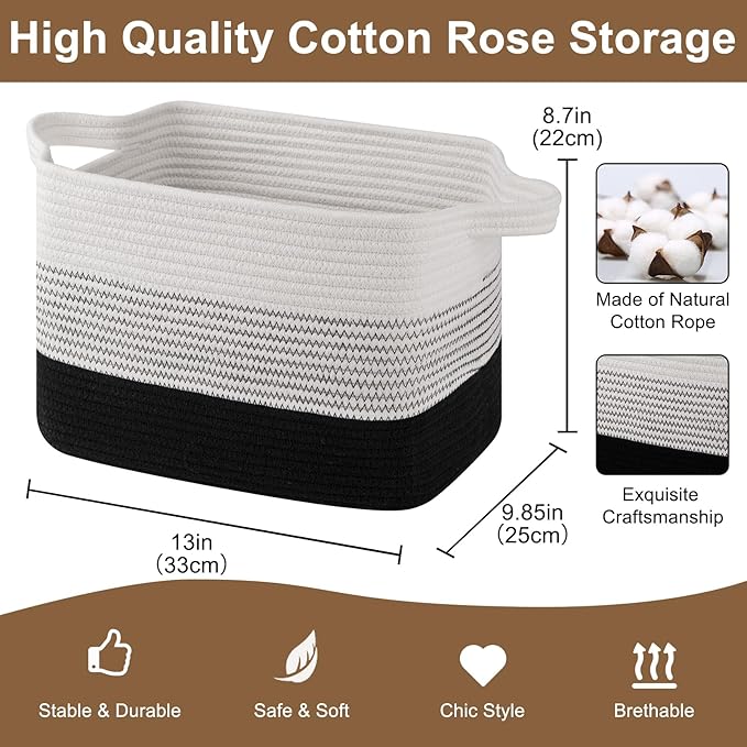 Storage Basket for Organizing, Woven Baskets for Storage, Rectangle Decorative Baskets for Shleves, Closet, Toys, Books, Nursery Organizer Bins - Pack of 3 (Gradient Black, 13"x9.85"x8.7")