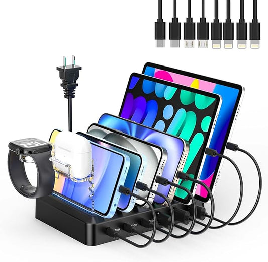 Catlyn Charging Station for Multiple Devices, 6-Port 90W Fast Charger Stations with 8 Mixed Charger Cables Organizer Dock,Compatible for Cell Phone