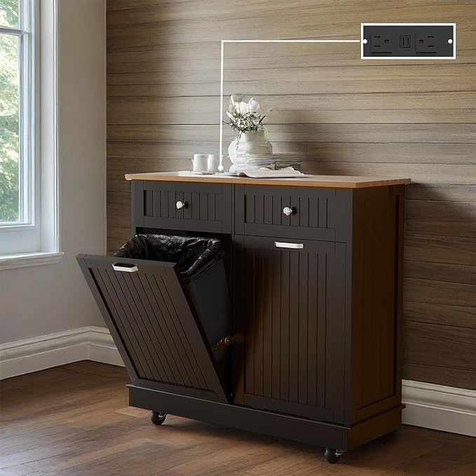20 Gallon Tilt Out Trash Cabinet, Wooden Kitchen Trash Can Cabinet with Hideaway Drawer, Freestanding Laundry Hamper Garbage Recycling Cabinet on Wheels, Pet Proof, Double, Black