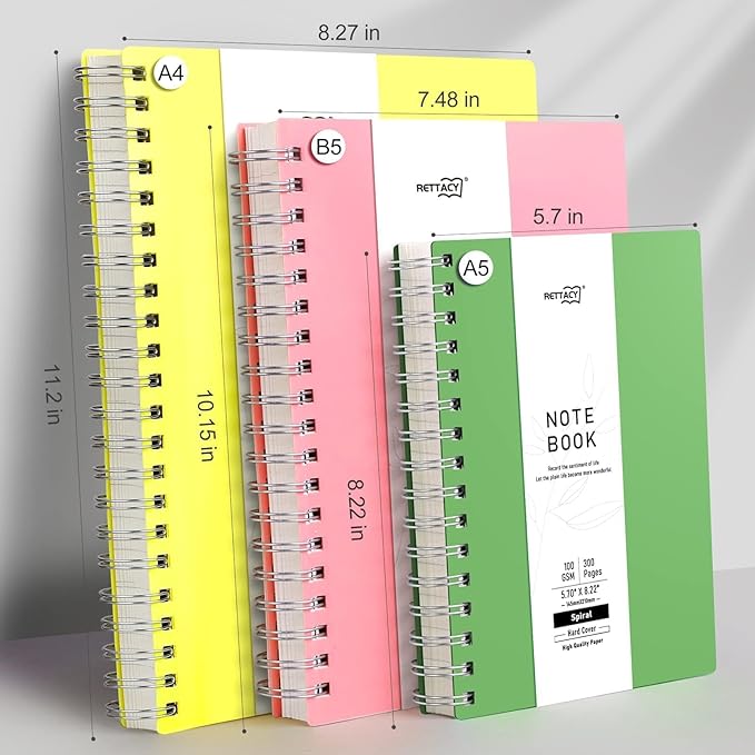 RETTACY Spiral College Ruled Notebook, 300 Pages, B5 Medium Size (7.4" x 10"), for School, Work, Writing, Journaling, 100 GSM Thick Paper, Flexible Plastic Cover (Green)