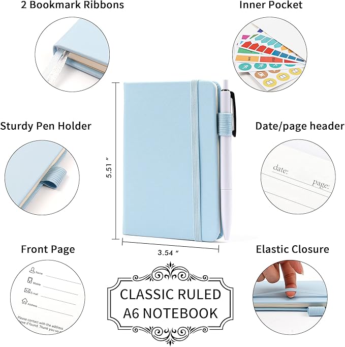 feela 6 Pack Pocket Small Notebooks Bulk, Mini Cute Memo Notepads Hardcover College Ruled Lined Journals with Pen Holder for Women Girls Office School, with 6 Black Pens, 3.5”x 5.5”, A6, Light Blue