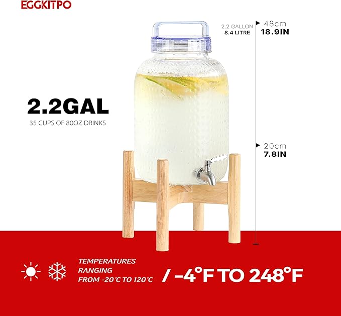EGGKITPO 2.2 Gallon Drink Dispensers with 304 Stainless Steel Spigot for Parties Lemonade Dispenser with Wood Bracket Clear Cover Polycarbonate Beverage Dispenser for Home Use and Laundry Room