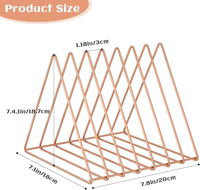 Urban Deco Triangle Desk Organizers Metal Wire Magazine Holder 7 Sections Decorative Vinyl Record Storage Office File Organizer For Desk - Rose Gold Magazine File Holder - 2 Pack