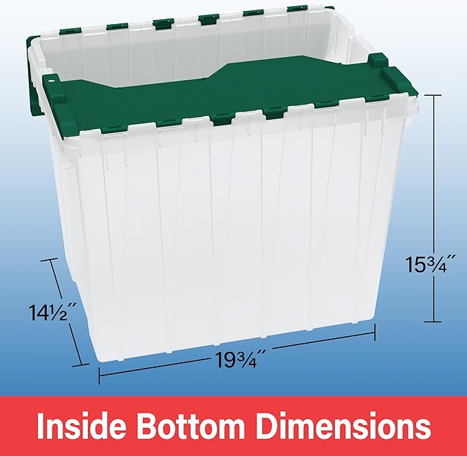 Akro-Mils KeepBox 18 Gallon Storage Container, Nesting and Stackable Plastic Storage Box with Lid Attached, Clear Tote for Garages, Closets, and Moving, 21" x 15" x 17", Red/Green