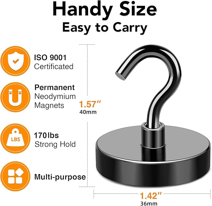 MIKEDE Black Magnetic Hooks Heavy Duty, 170LB+ Strong Neodymium Magnets for Refrigerator, Magnetic Hooks with Epoxy Coating for Hanging, Magnets with Hooks for Cruise, Home, Workplace - 10 Pack
