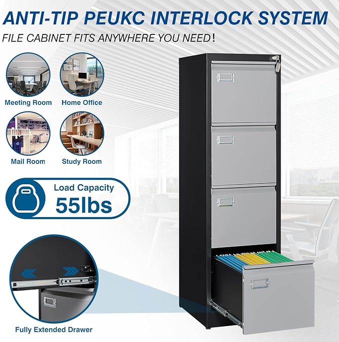 4 Drawer File Cabinet, Vertical Filing Cabinets with Lock, Metal File Cabinets for Home Office, Anti-Tip 4 Storage Drawers for Letter/Legal/A4/F4 Size (Assemble Required, Black)