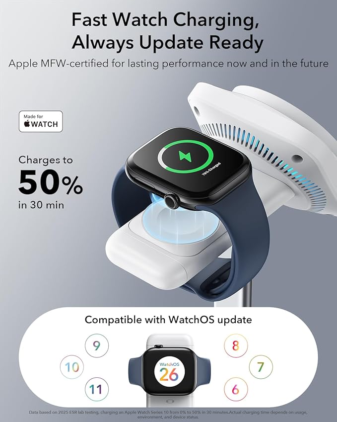 ESR for 3 in 1 Charging Station, Qi2.2 Certified 25W MagSafe Charger Stand with CryoBoost, Phone-Cooling Fast Charging Station, for iPhone 17/16 with iOS 26, AirPods, Apple Watch, White