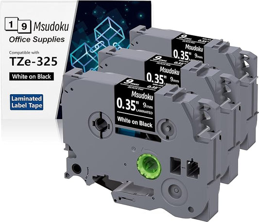 Tz Tape 9mm 0.35 Laminated Black Compatible for Brother TZe-325 TZe325 Label Maker Tape for PT D200 D210 D220 D400 Cube, White on Black, 3/8 Inch x 26.2 Feet, 3-Pack