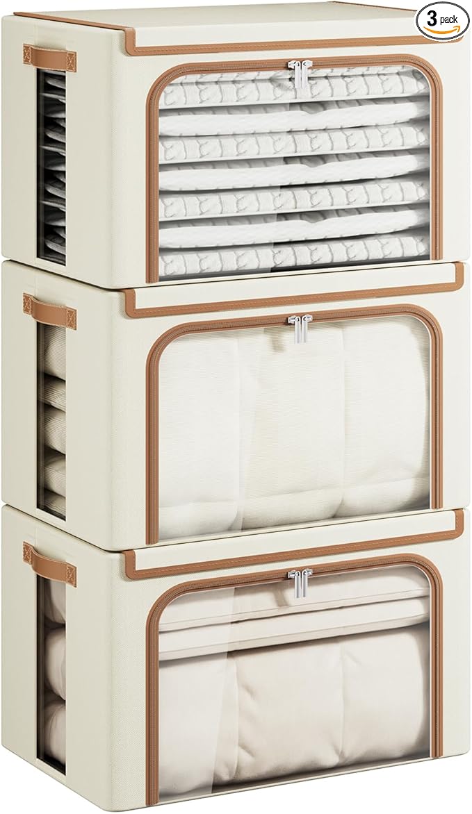 Yecaye Clothes Storage Bins with Metal Frame, Foldable Clothing Storage Bin with Lid, Stackable Oxford Fabric Organizer Box With Clear Window & Zippers & PU Leather Handles (3 Pack,Beige,66L)