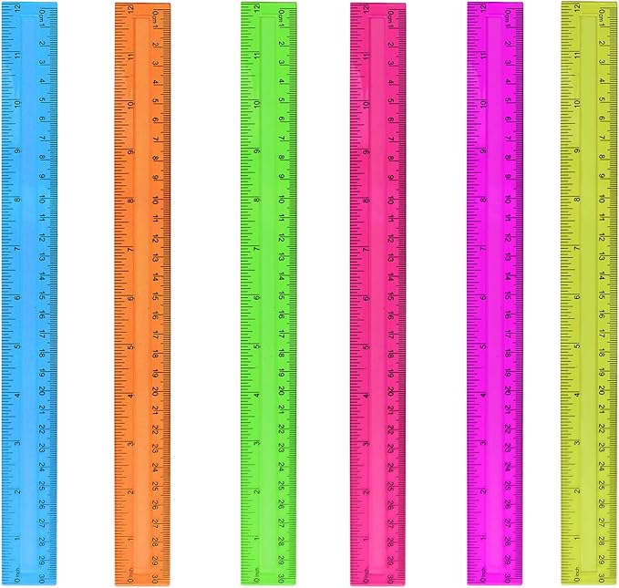6PCS Clear Ruler, 12 Inch Plastic Rulers for School, Home, or Office, Clear Plastic Rulers, Assorted Colors.