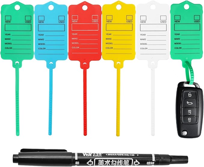 100 Car Key Tags with Labels Plastic Car Dealership Key Tags Self Locking Automotive Identifiers Blank Shop Labels with One Pen (Mixed Color)