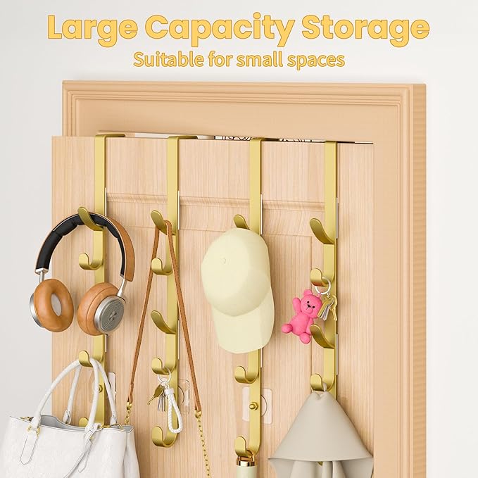 Over The Door Hooks, Metal Door Hooks for Hanging, Over The Door Purse Organizer for Door Coat Hanger, Back of Shower for Hanging Towel Rack Clothes, Hat, Bathroom, Closet (Gold-4Packs)