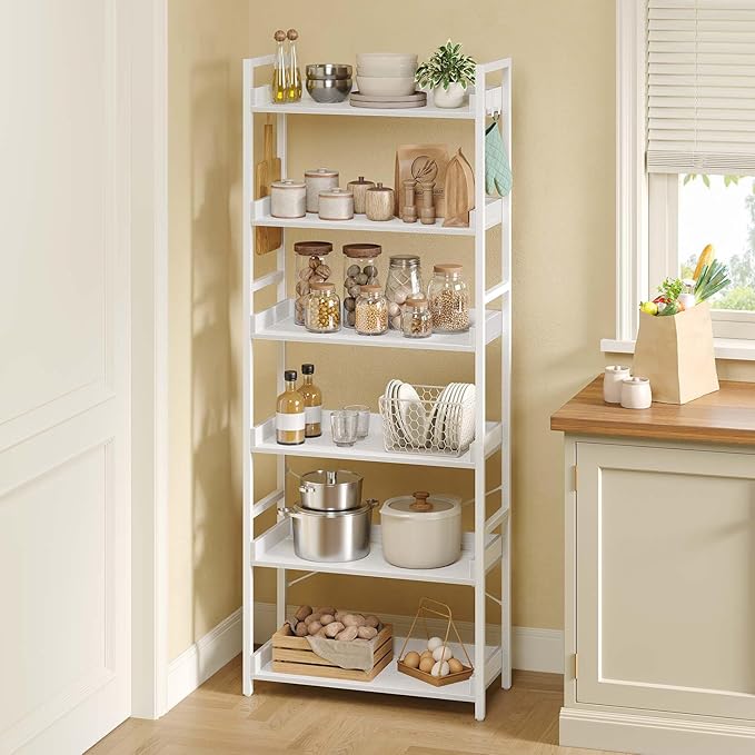 Rolanstar Bookshelf 6 Tier with 4 Hooks, Industrial Wood Bookcase, Vintage Storage Rack with Open Shelves, Rustic Standing Bookshelves Metal Frame Display Rack for Living Room, Bedroom, White