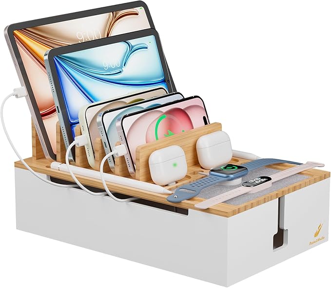 Pezin & Hulin Bamboo Charging Station, Electronic Devices Organizer for Multiple Devices Charger Such As Cell Phone, Tablet, Watch and More, Natural+White, (No USB Charger and Cables