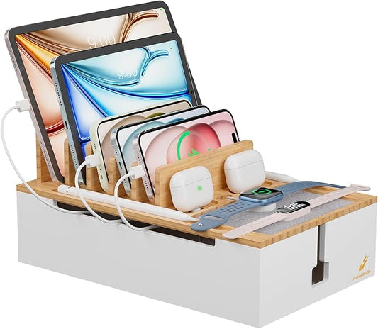 Pezin & Hulin Bamboo Charging Station, Electronic Devices Organizer for Multiple Devices Charger Such As Cell Phone, Tablet, Watch and More, Natural+White, (No USB Charger and Cables