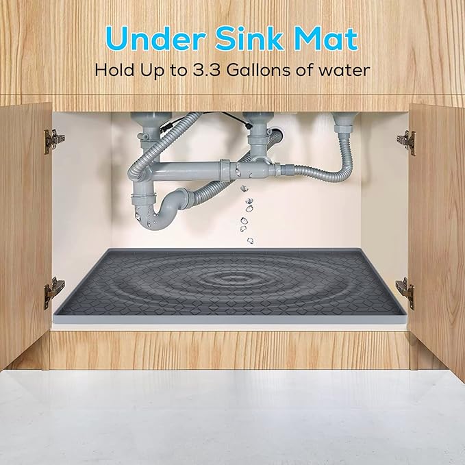 Under Sink Mat, 34"x22" Under Sink Mats for Kitchen, Silicone Waterproof Under Sink Liner, Sink Cabinet Organizer Tray with Drain Hole (Gray, 34 * 22)