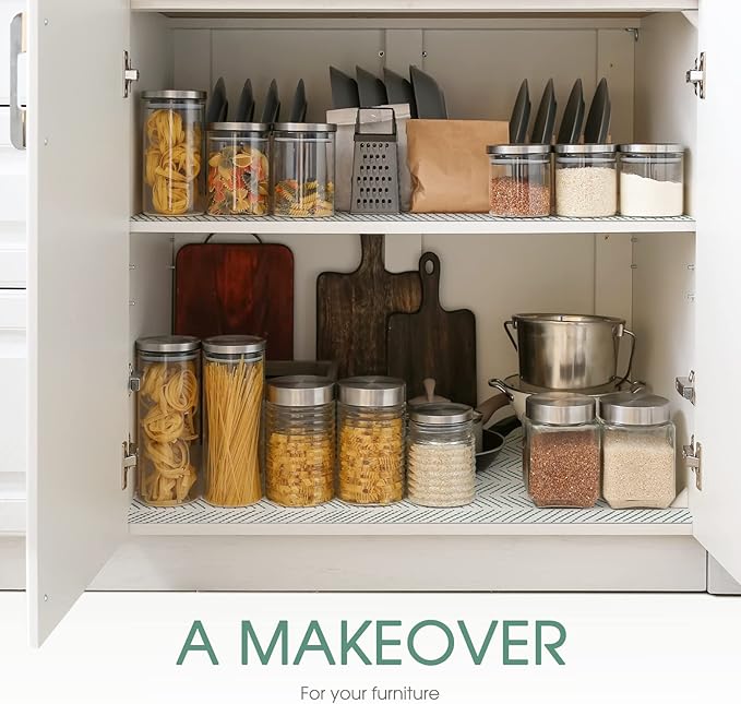 Glotoch Premium Shelf Liners for Kitchen Cabinets,2 Rolls x 12in x 20FT Non-Adhesive Liners for Shelves,Non Slip Waterproof Contact Paper for Drawers Pantry, EVA Cabinet Liner,White Herringbone