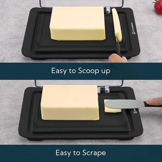 KITCHENDAO Airtight Flip-Top Butter Dish with Lid for Countertop and Refrigerator, Butter Keeper, Plastic Butter Holder Tray for 2 Sticks East Coast/West Coast/European Style/ Kerrygold Butter (Black)