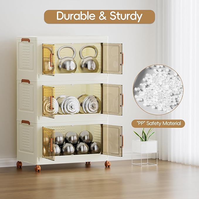 JEKO&JEKO 324 Qt Extra Large Plastic Storage Cabinets with Lids, Front Doors & Wheels, 3-Pack Stackable Collapsible Storage Bins for Bedroom, Home & Closet Organization, Cream