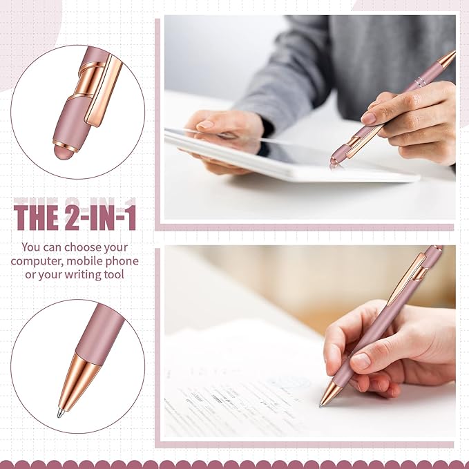8 Pieces Ballpoint Pen with Stylus Tip Black Ink 2 in 1 Stylus Metal 1.0 mm Medium Point Smooth Pen Rainbow Colorful Rubberized Ballpoint for Touch Screen Tablet(Rose Gold)